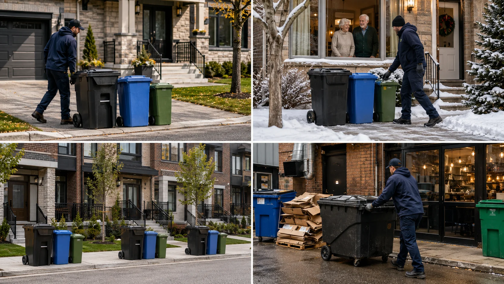 Garbage, recycling and green bins lined up at the curb outside Toronto homes and condos