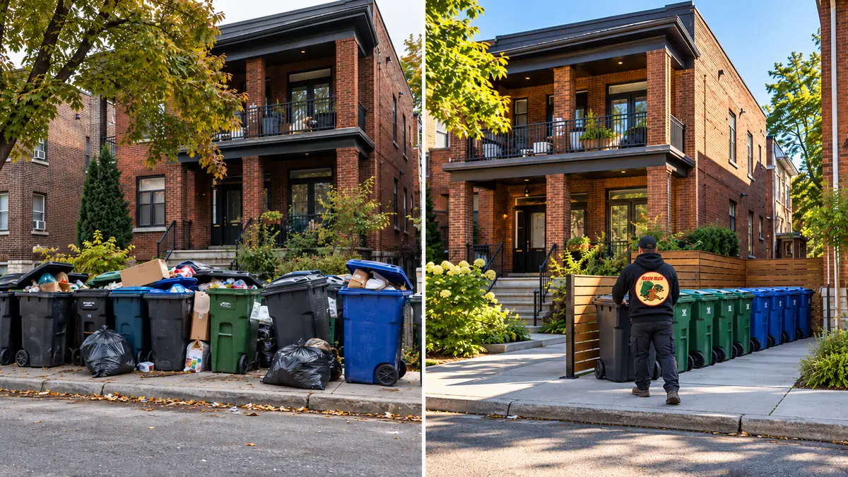 Before and after: cluttered curbside bins organized by a Waste Mate worker outside a Toronto home